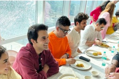 Abhishek Bachchan, Kartik Aaryan Have Bhog at Anurag Basu's Saraswati Puja Celebration; Pics