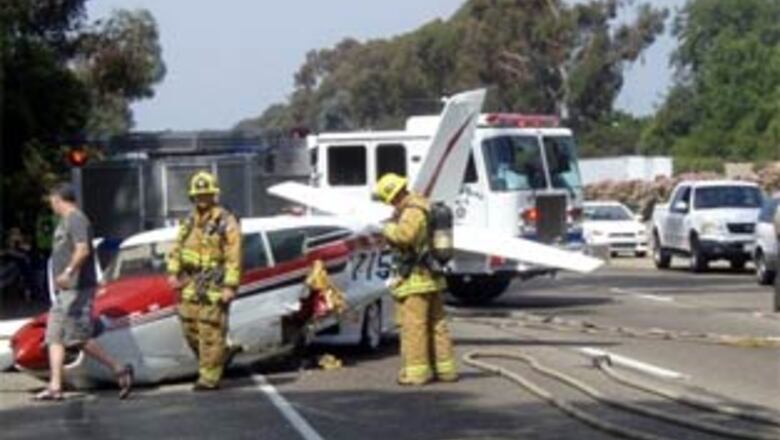 Plane makes emergency landing, gets hit by 3 cars