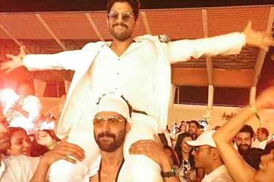 Allu Arjun looks adorable as he sits atop Rana Daggubati's shoulders at an event
