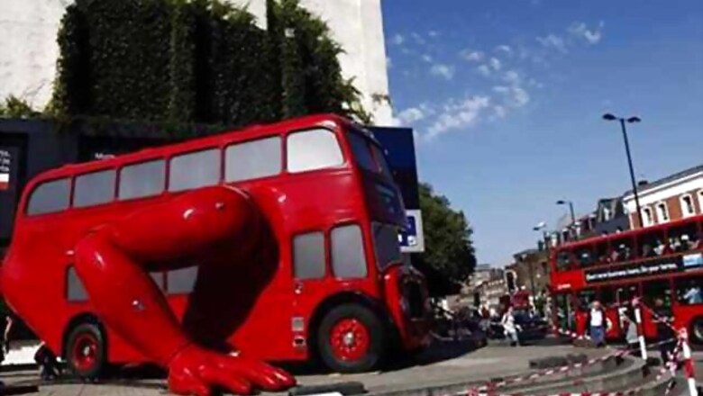 Double decker bus worked into a piece of art