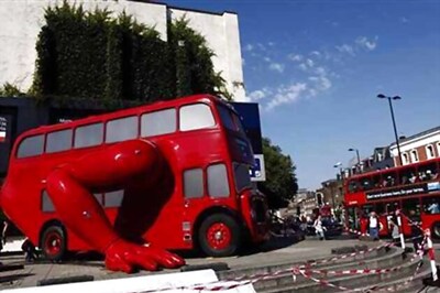 Double decker bus worked into a piece of art